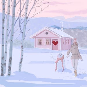 Biglietti di San Valentino Cozy Cabin Winter Love Cards - Illustrazione piuttosto femminile {Biglietti di incoraggiamento invernali} Biglietti Heather Stillufsen