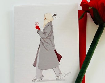Christmas Cards Red Folded Fashion Print {Gray Coat, Stationery Note cards, Personalized, Custom, Fashion Drawing, Pretty Fashionable Girly}
