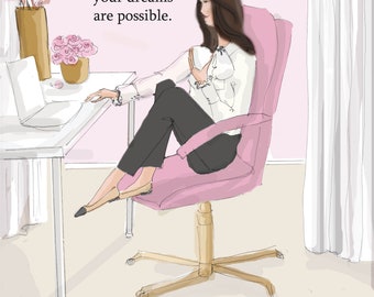Pink Gallery Wall Art Heather Stillufsen Believe Your Dreams Are Possible Fashion Illustration  {Girly Fashion Illustration  Pink}