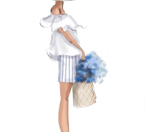 Hydrangea and Stripes  Illustration {Heather Stillufsen, Stationery, Notecards,  Fashion Drawing, Girly, }