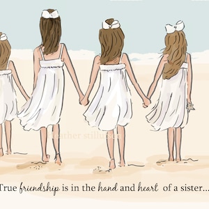 Sister Wall Art - True Friendship - QUATRE Sœurs - Sisters Art Print - Sisters - Sisters Children’s Wall Art -- Print