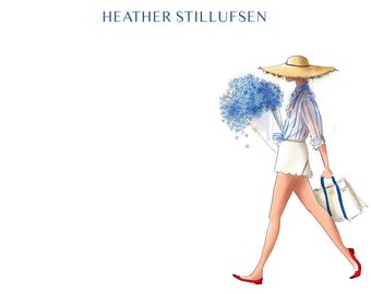 Papeterie personnalisée fille hortensia, cartes de correspondance artistiques estivales côtières chics