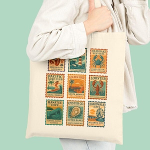USA Coastal Cities Tote Bag: Vintage Stamp Print, Nautical Travel