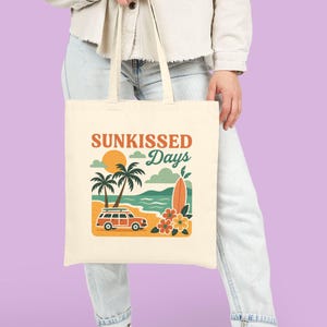 Sunkissed Days Tote Bag, Retro Summer Canvas Bag with Surf, Van, Flowers, Beach Aesthetic Gift, Eco-Friendly Tote for Sunshine Lovers