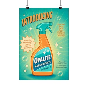 May include: A vintage-style poster featuring an orange spray bottle with a teal nozzle. The text reads: INTRODUCING, OPALITE MAGICAL RESULTS! DON'T SWEAT IT!, Works On: Friendships, Couples, Pets, and Coworkers, Just One Spray Turns Your Problems into Your Paradise, Magically Turns All That Crappiness into Happiness! The background is teal with radiating light lines and bubbles.