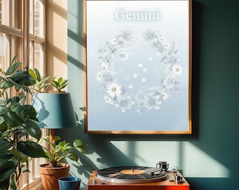 Gemini Zodiac Art Print – Celestial Floral Wreath, Astrology Decor