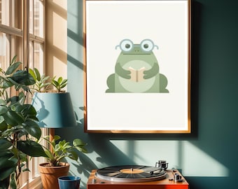 May include: A framed art print featuring a cartoon frog wearing glasses and reading a book. The frog is green with a light green belly. The print is displayed on a teal wall above a vintage orange record player.