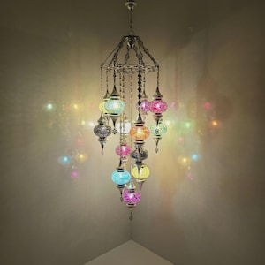 Colorful Mosaic Glass Chandelier for Living Room, Handmade Turkish Hanging Ceiling Light