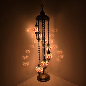 Handmade Turkish Mosaic Floor Lamp: 7 Globe Stained Glass Lights