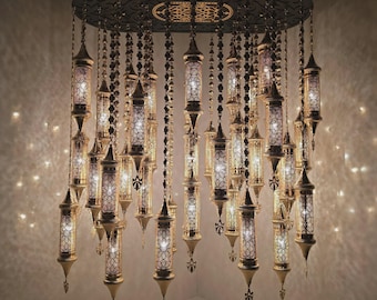 Authentic Moroccan Glass Handmade Hanging Chandelier Light Fixture for Traditional and Cozy Interiors