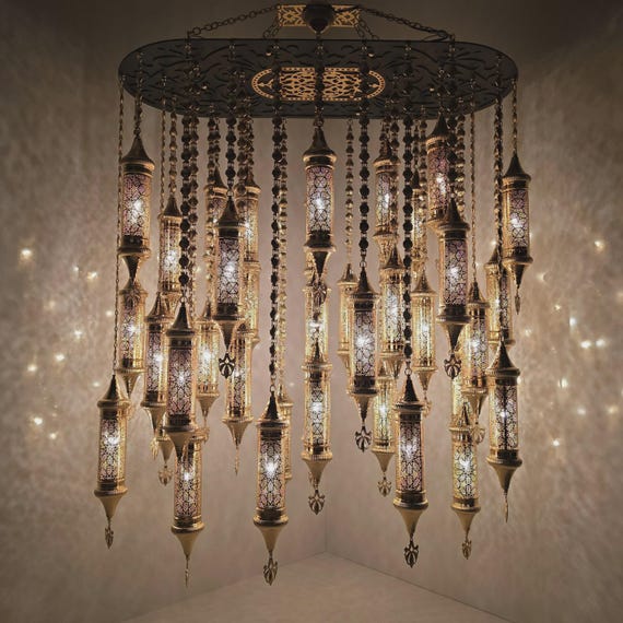 Authentic Moroccan Glass Handmade Hanging Chandelier Light Fixture for Traditional and Cozy Interiors