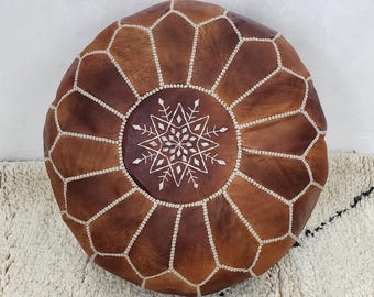 Handmade Moroccan Leather Pouf Gift, Ottoman Boho Footrest, Housewarming Gift, Floor Cushion Decor, Unstuffed