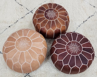Moroccan Leather Pouf, Handmade Ottoman Footstool, Boho Floor Cushion, Round Leather Pouf, Bohemian Home Decor, Unsuffed