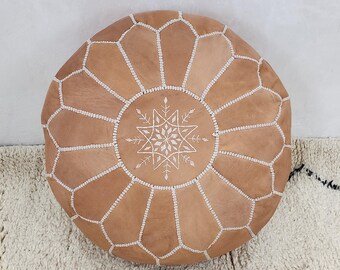 Moroccan Leather Pouf Ottoman, Minimal Floor Cushion, Handmade Moroccan Pouf, Modern Home Decor, Round Ottoman, Unstuffed