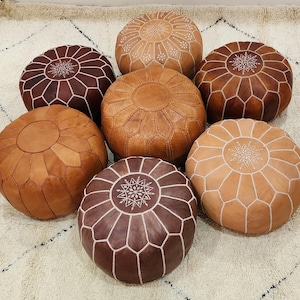 Moroccan Leather Pouf Ottoman, Handmade Genuine Leather Floor Cushion | Boho Footstool, Bohemian Home Decor, Round Pouf, Unstuffed Pouf