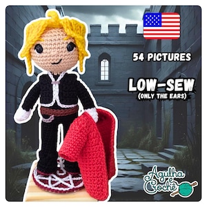 May include: A handmade crochet doll with yellow hair, wearing a black jacket with white trim, black pants, and a red cape. The doll is standing on a wooden base. The image includes the text "54 PICTURES LOW-SEW (ONLY THE EARS)" and a US flag.