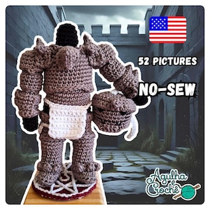May include: A crocheted knight doll in brown, black, and white, complete with helmet and apron. The doll stands on a wooden base with a decorative design. The image includes the text "52 PICTURES NO-SEW".