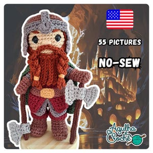 May include: A crocheted dwarf doll with a red beard, gray helmet, and two gray axes. The doll is wearing a green cape and a red and brown outfit. The image includes the text "55 PICTURES NO-SEW" and an American flag.