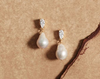 Natürliche Barock Perle Tropfen Ohrringe, Sterling Silber Perle Ohrringe, Zirkon Tropfen Ohrringe, Hochzeitsschmuck, Braut, Geschenk für sie