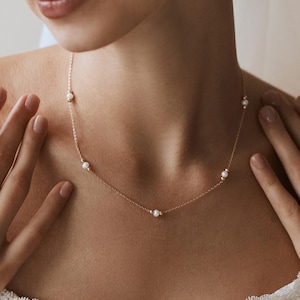 Handmade Pearl Bead Necklace, Dainty Freshwater Pearl Station Necklace, Real Pearl Chain Jewellery, Wedding Necklace, Bridesmaid Gift