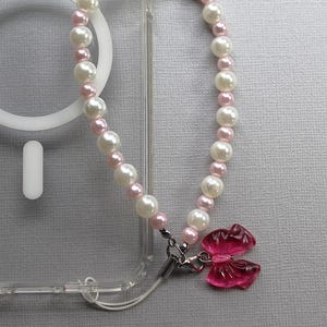 Beaded Phone Charm Wristlet: Pink, White Acrylic Pearls, Kawaii Bow