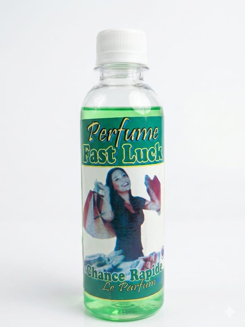 May include: A clear perfume bottle with a white cap, containing green liquid. The label reads "Perfume Fast Luck" and "Chance Rapide Le Parfum" with an image of a woman holding shopping bags. The bottle is on a white background.