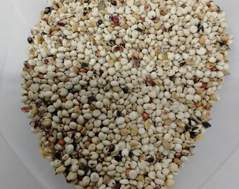 May include: A heart-shaped pile of mixed birdseed, featuring a variety of small, round seeds in shades of white, tan, brown, and red. The seeds are contained within a clear, shallow dish, providing a visual texture and variety.