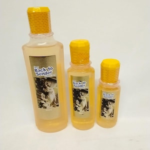 May include: Three bottles of perfume with yellow caps and labels that read "Back to Sender." The bottles are different sizes, with the largest bottle containing 500ml of perfume. The labels feature an illustration of a person.