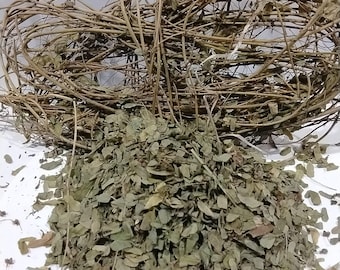 May include: A pile of dried green leaves with a bundle of intertwined brown twigs in the background. The leaves are small and have a slightly rounded shape. The twigs are thin and create a woven, nest-like structure.