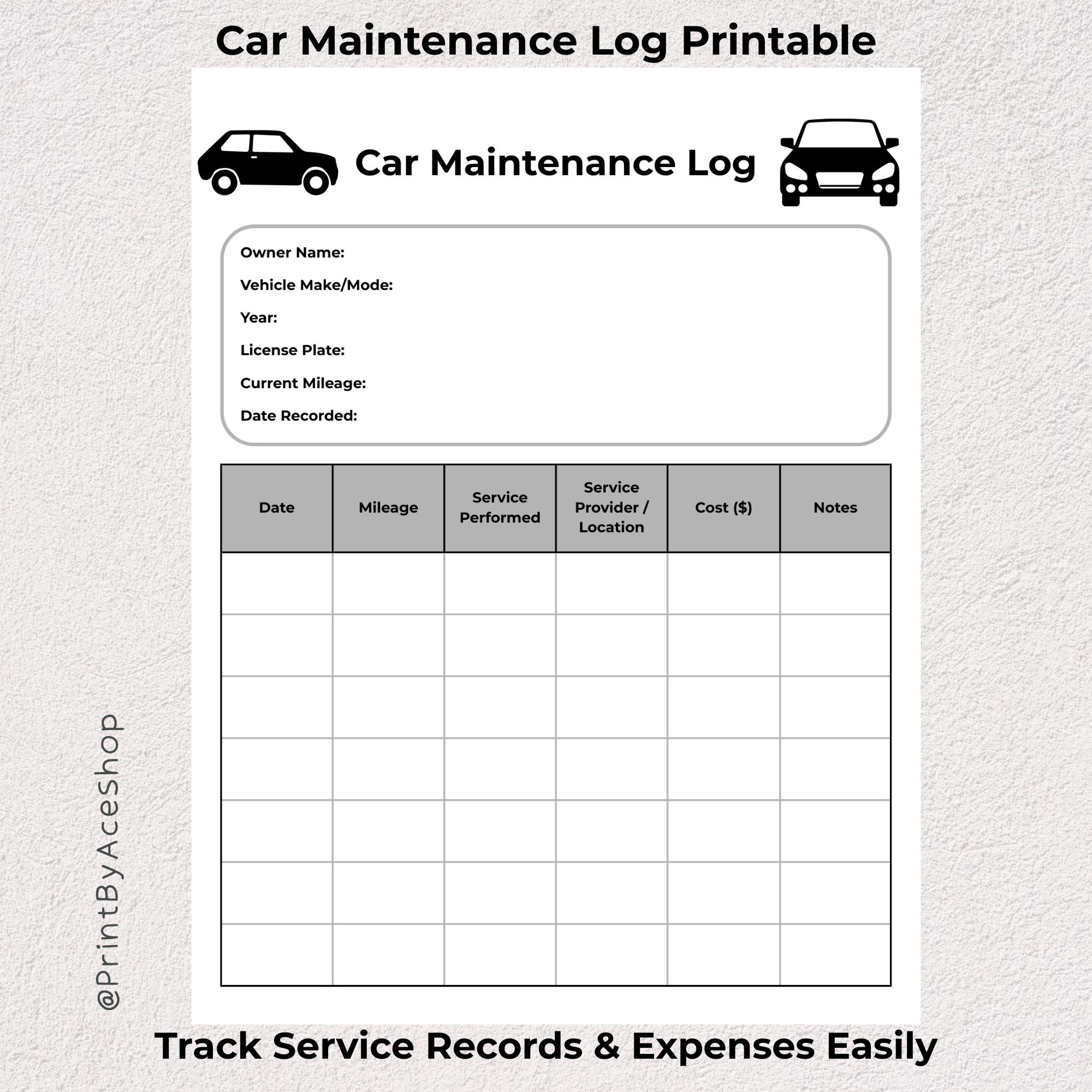 Car Maintenance Log Printable | Vehicle Service Record | Auto Repair ...