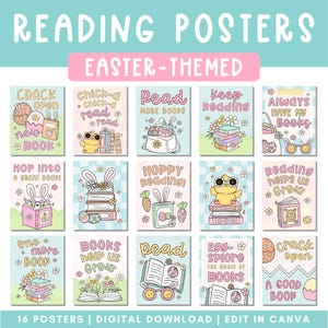 Peut inclure: Un ensemble de 16 affiches de lecture imprimables sur le thème de Pâques. Les affiches présentent de jolies illustrations de lapins, de poussins et d'œufs avec des slogans de lecture encourageants comme "Crack open a new book", "Hoppy Reading!" et "Books help us grow".