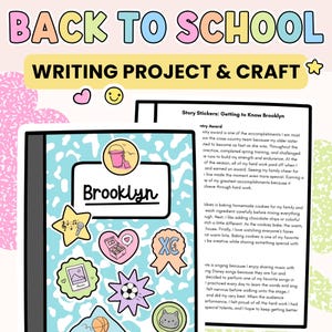 May include: A digital educational resource titled BACK TO SCHOOL WRITING PROJECT & CRAFT featuring a notebook cover with a light blue cow print pattern, decorated with various colorful stickers and the name Brooklyn, alongside a printed story page.