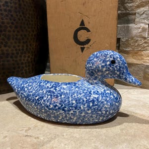 May include: A ceramic duck-shaped planter with a blue and white speckled pattern. The planter has a hollowed-out area for plants and a detailed duck head with a beak and eye. The background includes a wooden board with a black symbol.