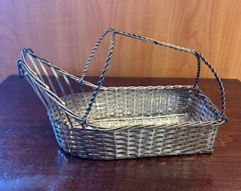 Vintage Antique French Woven Wire Wine Bottle Basket Server Silver Plated