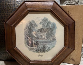 Vintage Four Seasons “Spring” Framed Print- Octagon Wood Frame