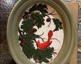 Vintage Hand-painted Atlantic Mold ceramic Cardinal oval wall plaque