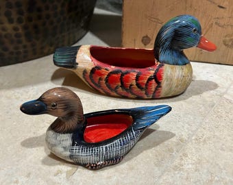 Pair of vintage hand-painted ceramic or pottery duck planters or trinket Dishes