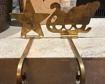 pair of vintage solid brass Long Arm Mantle Christmas stocking holders