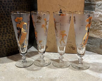 Ensemble de 4 verres à pilsner dépoli LIBBEY « Caribbean Cruise » ou « Calypso » vintage