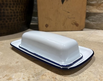 White Ceramic Butter Dish with Navy Rim