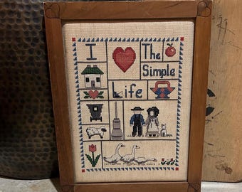 Vintage « J'aime la vie simple » au point de croix encadré