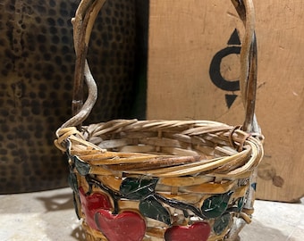 vintage handwoven wicker basket w/ rustic tree limb branch handle & 3D Apples