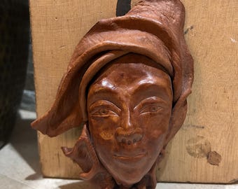 Vintage Handcrafted Brown Leather Molded  Mask Wall Decor