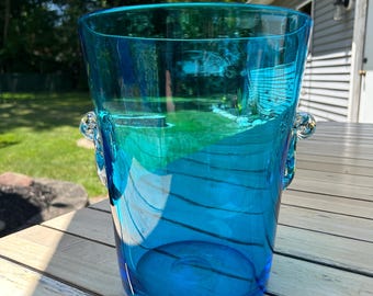 Vintage Hand Blown Glass Blue Ice Bucket