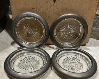 Vintage LEONARD ITALY Silver Plated Starburst Glass Coasters (4)