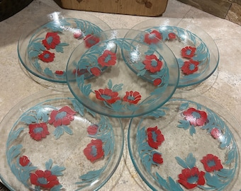 Set of 5 Vintage hand-painted Poppy Floral Plates