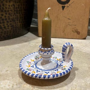 vintage Seville pottery chamber candle holder w/ finger loop