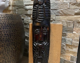 vintage hand-carved wooden totem mask wall art
