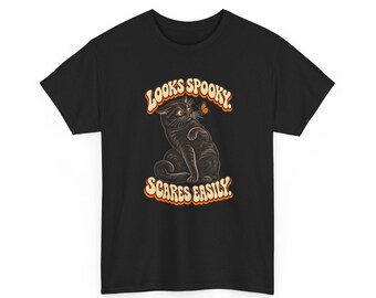 Black Cat and Butterfly T-Shirt, Looks Spooky Scares Easily, Retro 70s Graphic