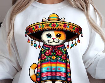 Cute Mexican Cat Dab PNG - Sombrero & Poncho Clipart -Cinco de Mayo Digital Download, gato mexicano png, cinco de mayo, gato sombrero, gato fofo png